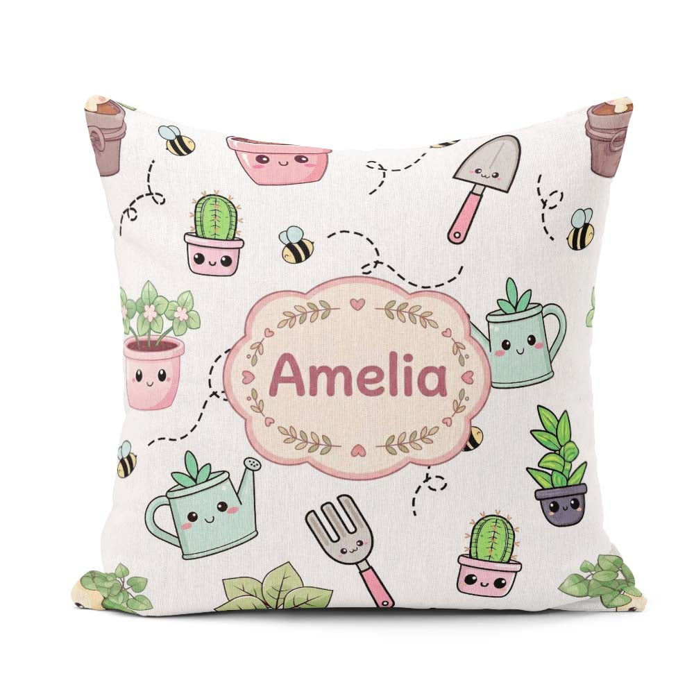 Custom Name Cute Kawaii Garden Tools Plants Bees Grey Background Square Filled Cushion Throw Pillow Sofa Bed Home Decor Zip Washable UK Made