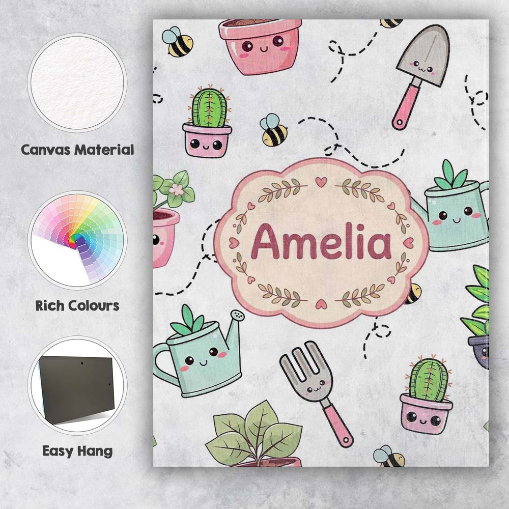 Personalised Name Cute Kawaii Garden Tools Custom Unique Gift Idea Elegant Feature Canvas Wall Art Print Decor Picture Ready to Hang