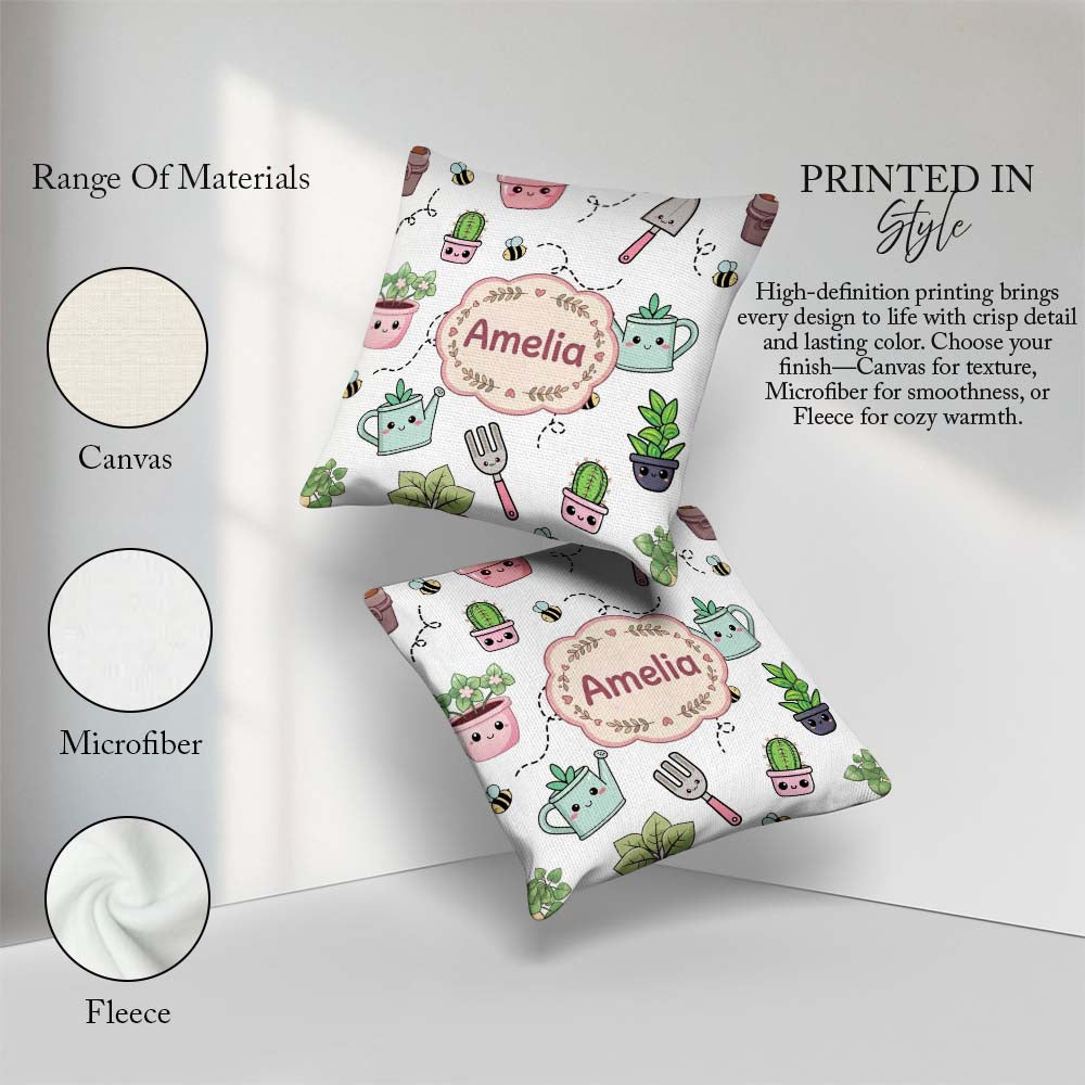 Custom Name Cute Kawaii Garden Tools Plants Bees Grey Background Square Filled Cushion Throw Pillow Sofa Bed Home Decor Zip Washable UK Made