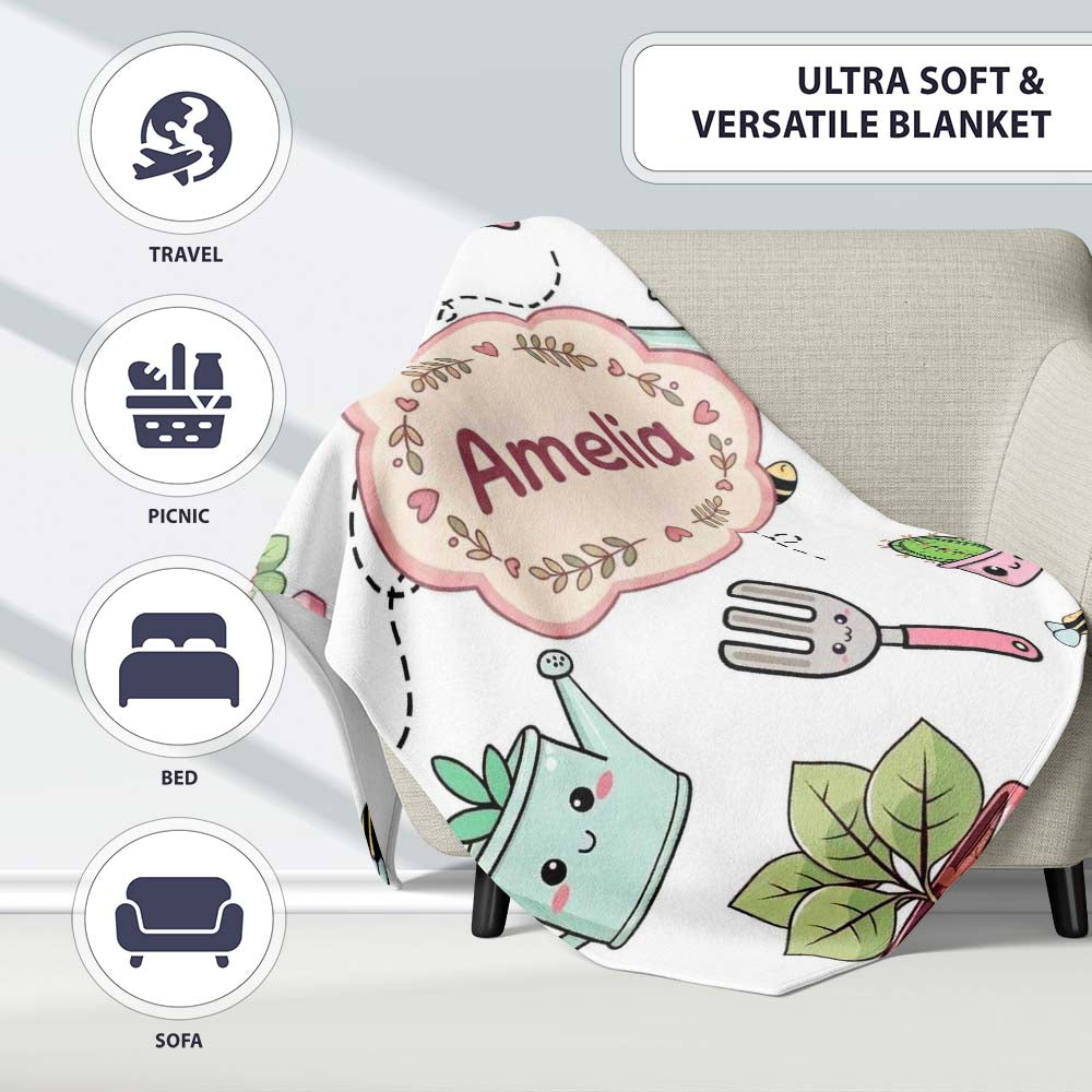 Cute Kawaii Garden Tools Plants Bees Grey Background Seamless Personalised Custom Name Super Soft Fleece Blanket Bed Sofa Throw
