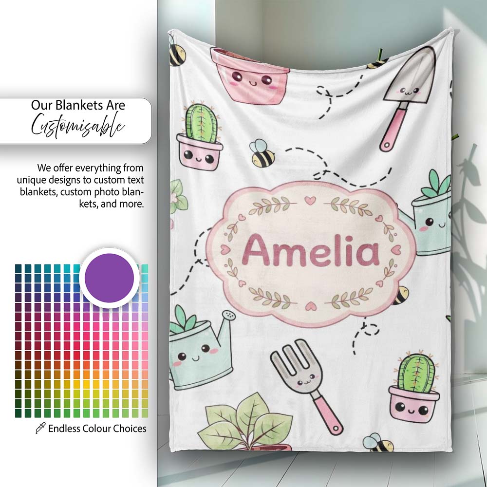 Cute Kawaii Garden Tools Plants Bees Grey Background Seamless Personalised Custom Name Super Soft Fleece Blanket Bed Sofa Throw