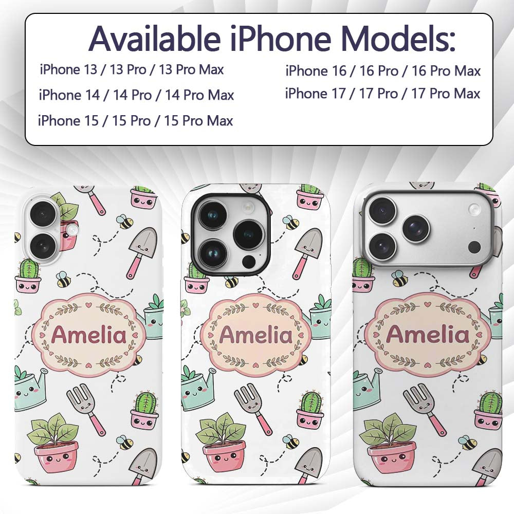 Cute Kawaii Garden Tools Plants Printed Design Custom Name Protective Phone Case Mobile Cover Durable Everyday Smartphone Shock Resistant
