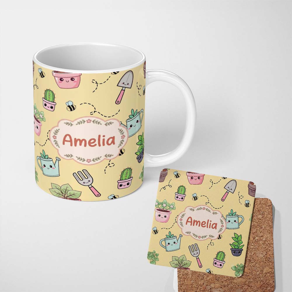 Personalized Custom Name Cute Kawaii Garden Tools Plants Bees Yellow Background Seamless 11oz Ceramic Coffee Tea Mug White Large Handle