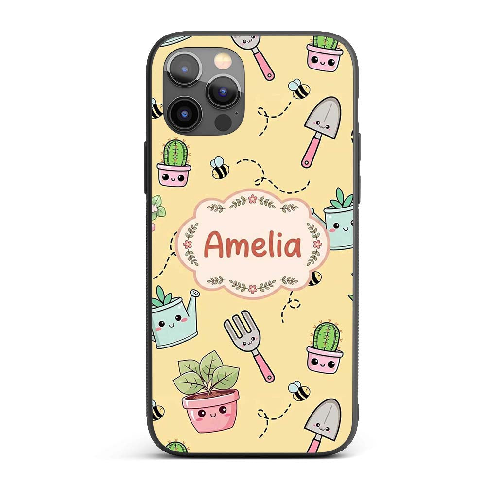 Cute Kawaii Garden Tools Plants Printed Design Custom Name Protective Phone Case Mobile Cover Durable Everyday Smartphone Shock Resistant