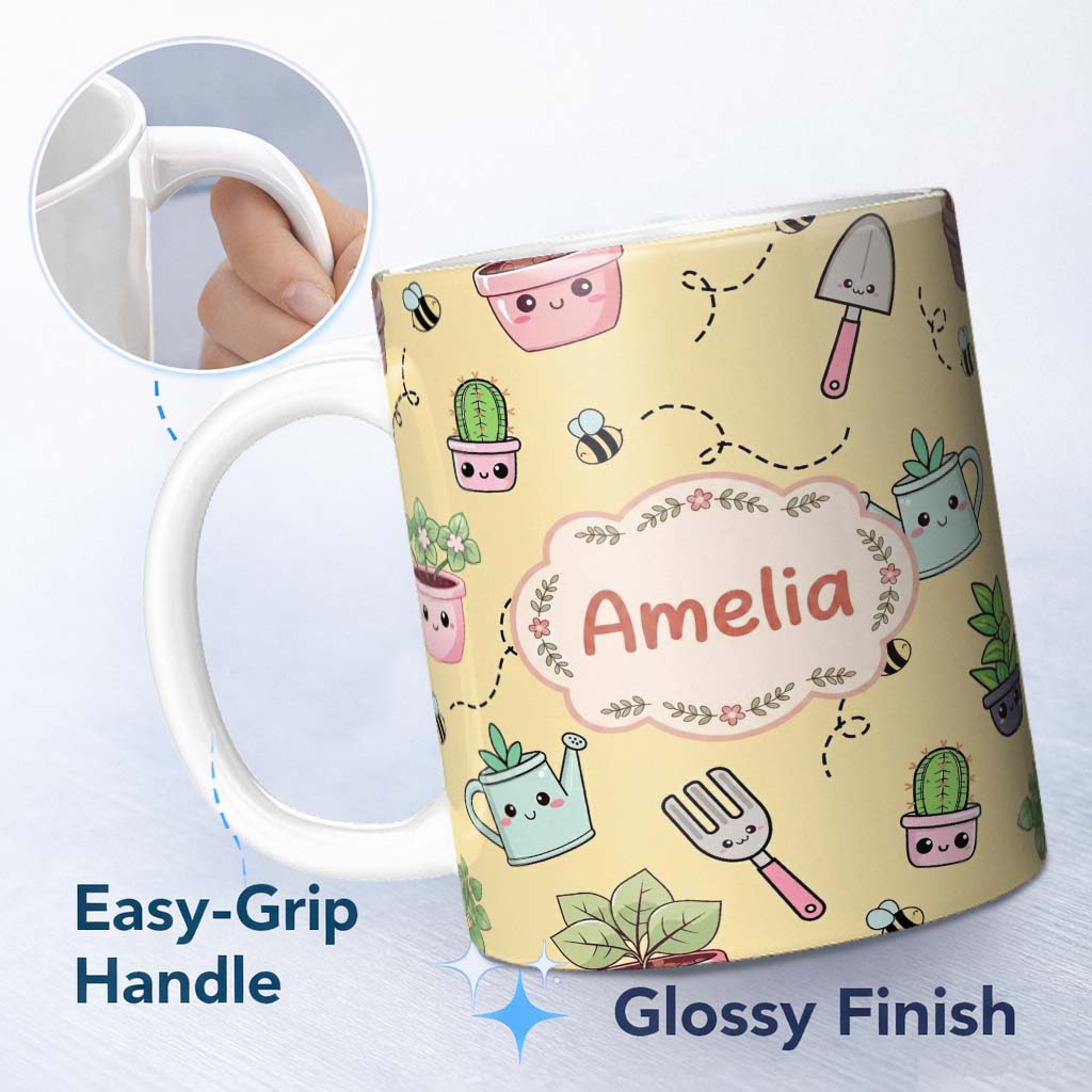 Personalized Custom Name Cute Kawaii Garden Tools Plants Bees Yellow Background Seamless 11oz Ceramic Coffee Tea Mug White Large Handle