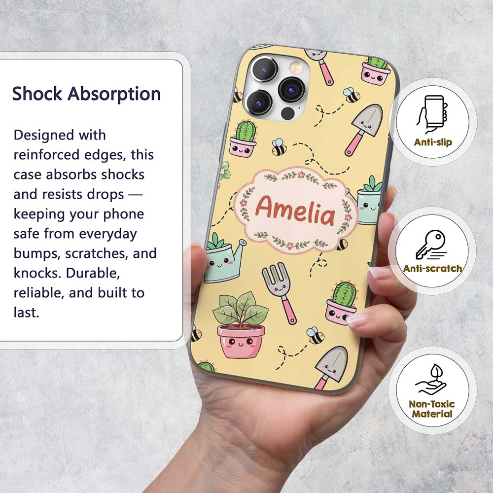 Cute Kawaii Garden Tools Plants Printed Design Custom Name Protective Phone Case Mobile Cover Durable Everyday Smartphone Shock Resistant