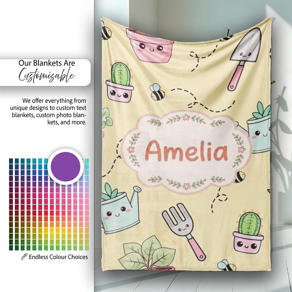 Cute Kawaii Garden Tools Plants Bees Yellow Background Seamless Personalised Custom Name Super Soft Fleece Blanket Bed Sofa Throw