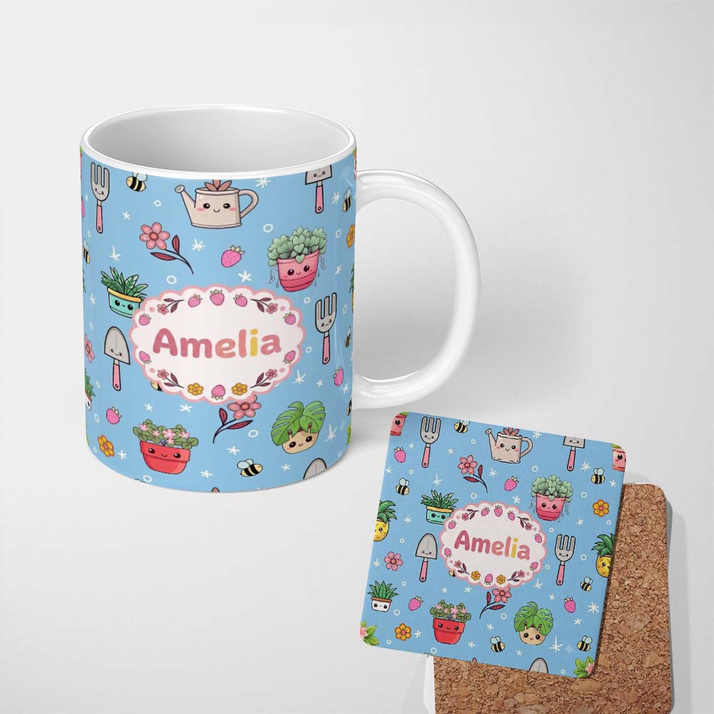 Personalized Custom Name Cute Kawaii Garden Tools Flowers Bees Blue Background Seamless 11oz Ceramic Coffee Tea Mug White Large Handle