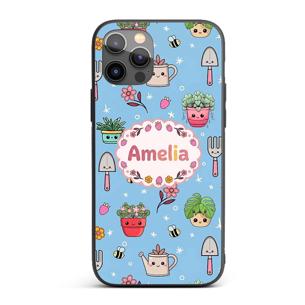 Cute Kawaii Garden Tools Flowers Printed Design Custom Name Protective Phone Case Mobile Cover Durable Everyday Smartphone Shock Resistant