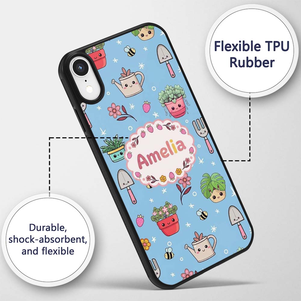 Cute Kawaii Garden Tools Flowers Printed Design Custom Name Protective Phone Case Mobile Cover Durable Everyday Smartphone Shock Resistant