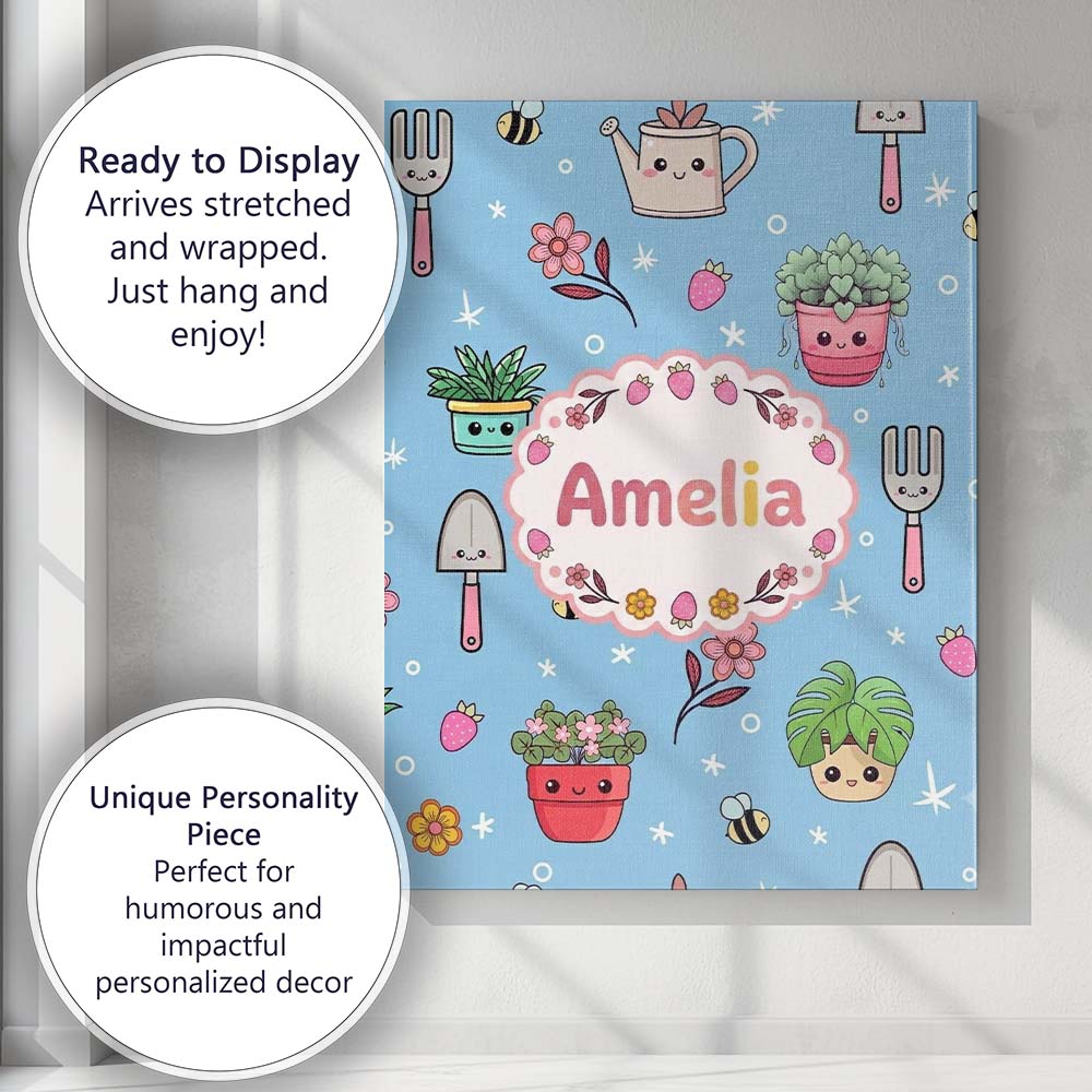 Personalised Name Cute Kawaii Garden Tools Custom Unique Gift Idea Elegant Feature Canvas Wall Art Print Decor Picture Ready to Hang