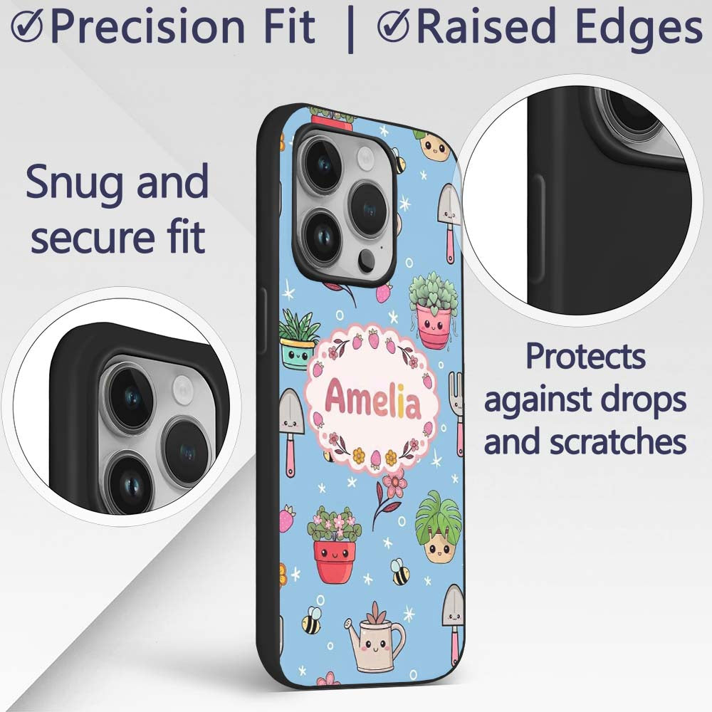 Cute Kawaii Garden Tools Flowers Printed Design Custom Name Protective Phone Case Mobile Cover Durable Everyday Smartphone Shock Resistant