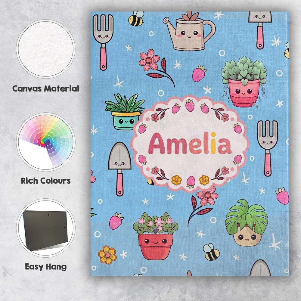 Personalised Name Cute Kawaii Garden Tools Custom Unique Gift Idea Elegant Feature Canvas Wall Art Print Decor Picture Ready to Hang