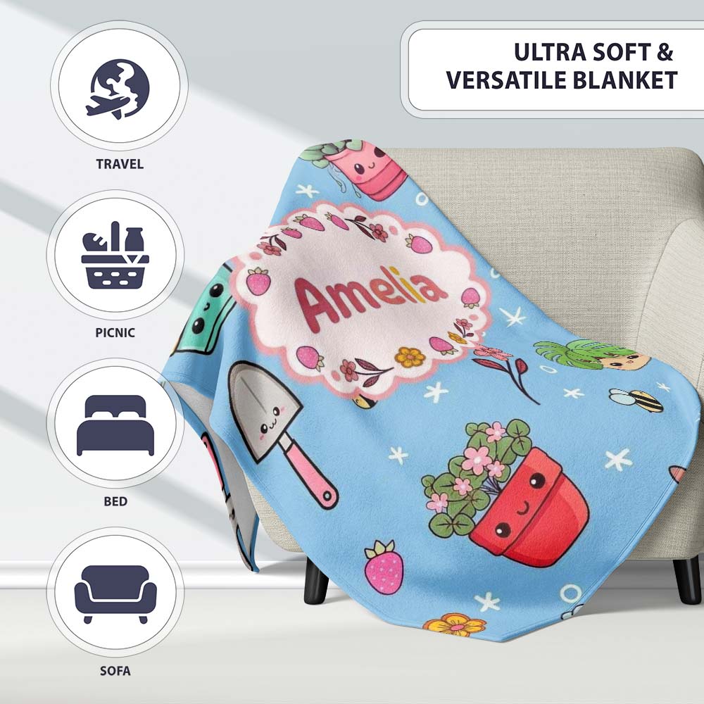 Cute Kawaii Garden Tools Flowers Bees Blue Background Seamless Personalised Custom Name Super Soft Fleece Blanket Bed Sofa Throw