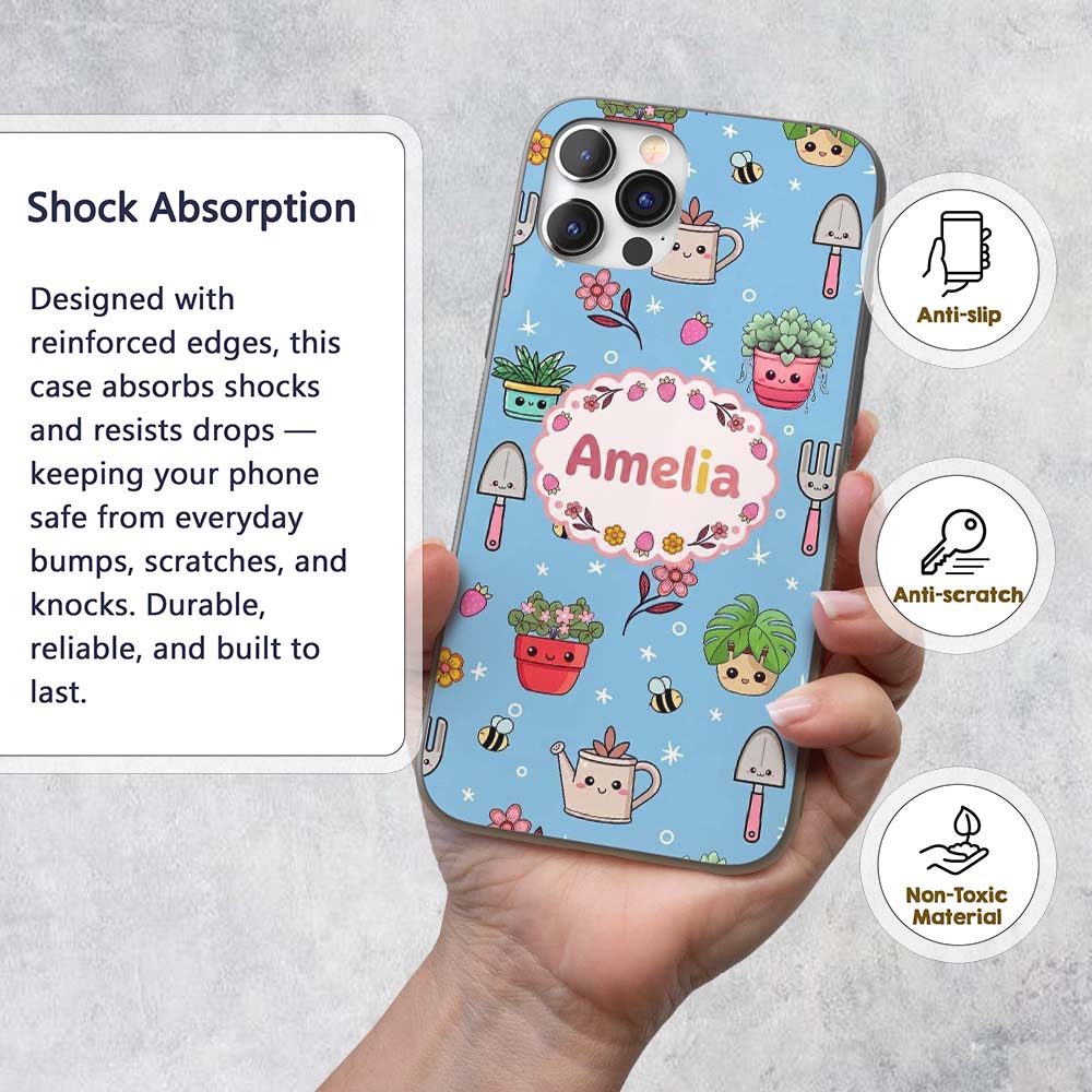 Cute Kawaii Garden Tools Flowers Printed Design Custom Name Protective Phone Case Mobile Cover Durable Everyday Smartphone Shock Resistant