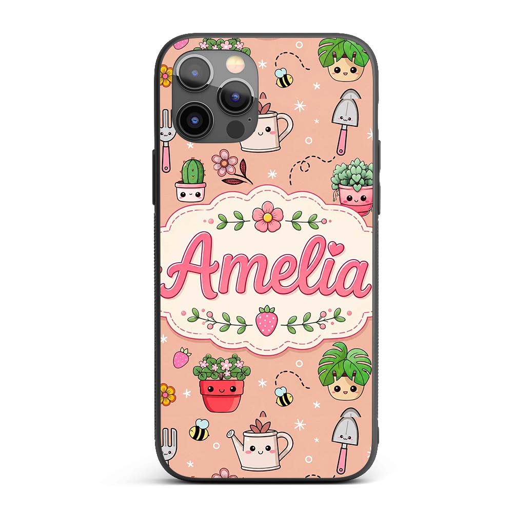 Cute Kawaii Garden Tools Flowers Printed Design Custom Name Protective Phone Case Mobile Cover Durable Everyday Smartphone Shock Resistant