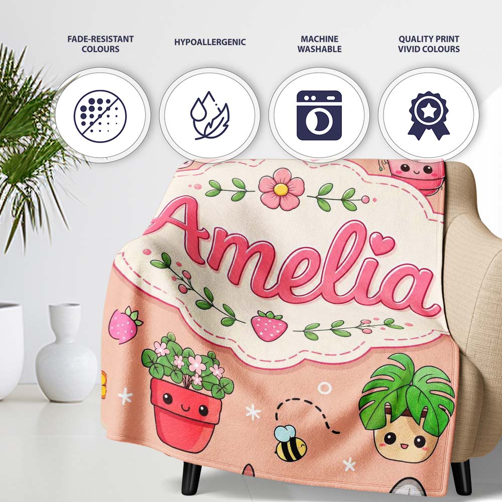 Cute Kawaii Garden Tools Flowers Bees Peach Background Seamless Personalised Custom Name Super Soft Fleece Blanket Bed Sofa Throw
