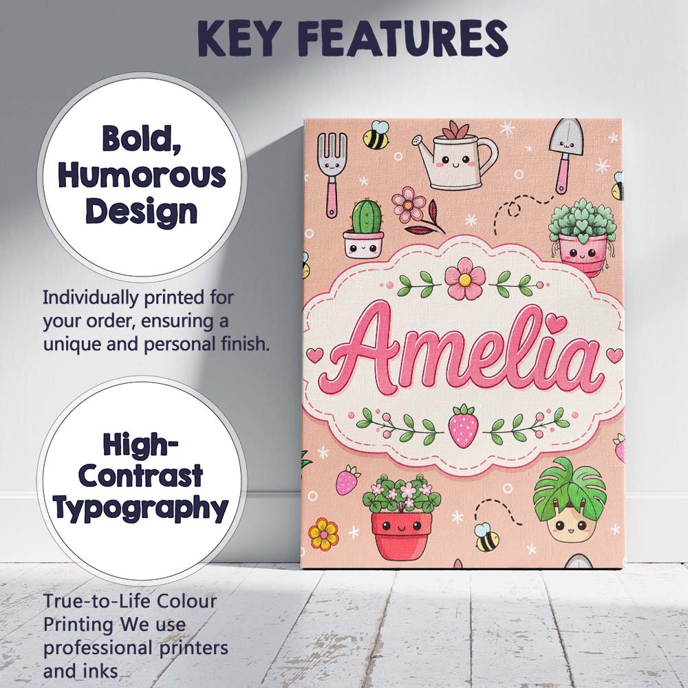 Personalised Name Cute Kawaii Garden Tools Custom Unique Gift Idea Elegant Feature Canvas Wall Art Print Decor Picture Ready to Hang