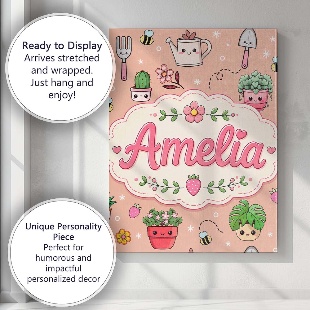Personalised Name Cute Kawaii Garden Tools Custom Unique Gift Idea Elegant Feature Canvas Wall Art Print Decor Picture Ready to Hang