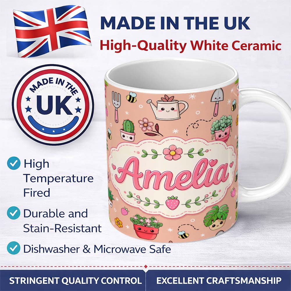 Personalized Custom Name Cute Kawaii Garden Tools Flowers Bees Peach Background Seamless 11oz Ceramic Coffee Tea Mug White Large Handle