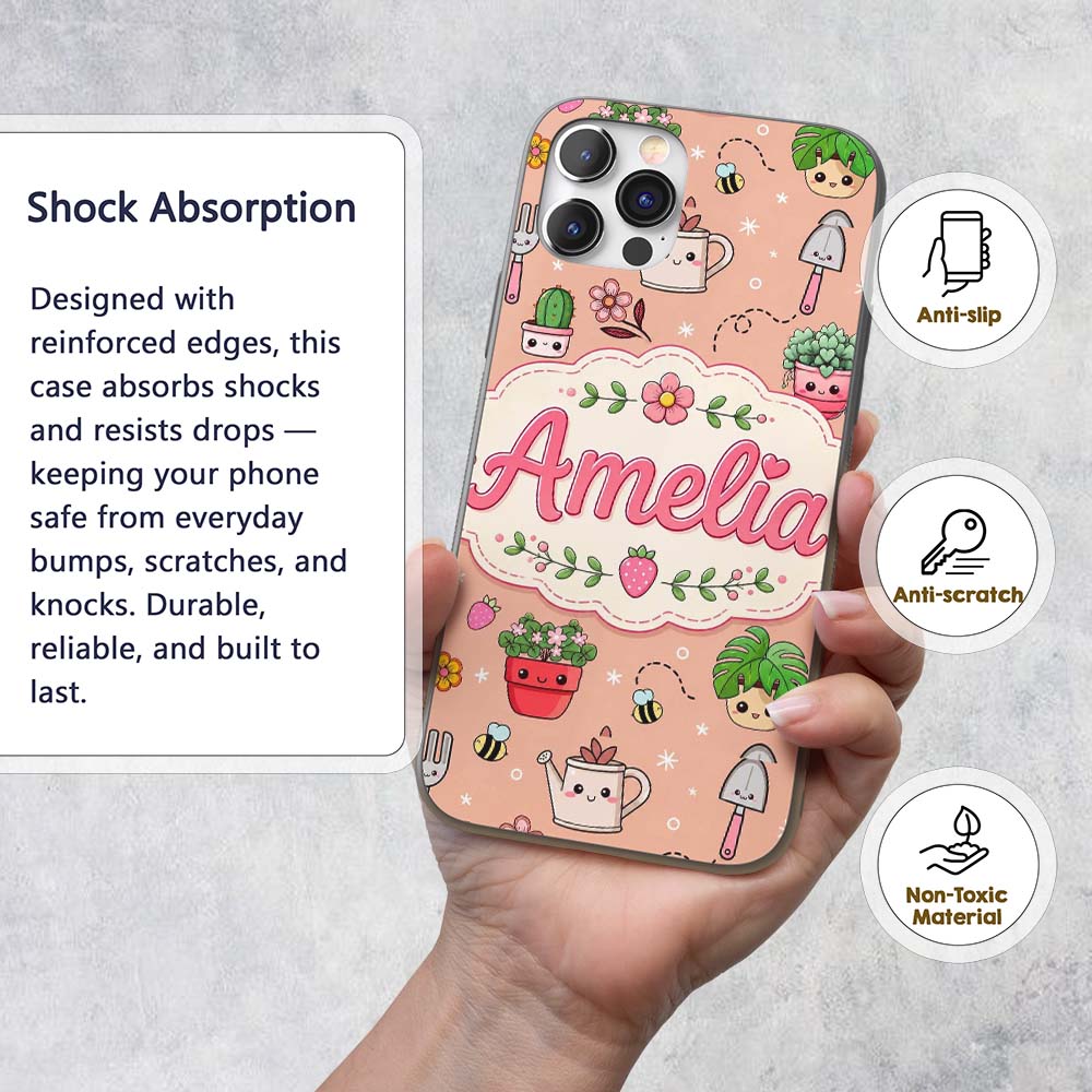 Cute Kawaii Garden Tools Flowers Printed Design Custom Name Protective Phone Case Mobile Cover Durable Everyday Smartphone Shock Resistant