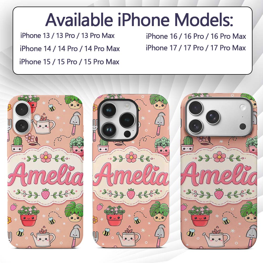 Cute Kawaii Garden Tools Flowers Printed Design Custom Name Protective Phone Case Mobile Cover Durable Everyday Smartphone Shock Resistant