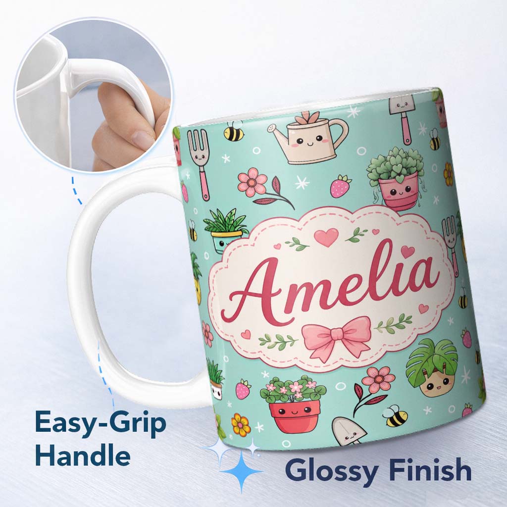 Personalized Custom Name Cute Kawaii Garden Tools Flowers Bees Mint Background Seamless 11oz Ceramic Coffee Tea Mug White Large Handle
