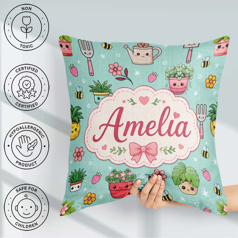 Custom Name Cute Kawaii Garden Tools Flowers Bees Mint Seamless Square Filled Cushion Throw Pillow Sofa Bed Home Decor Zip Washable UK Made