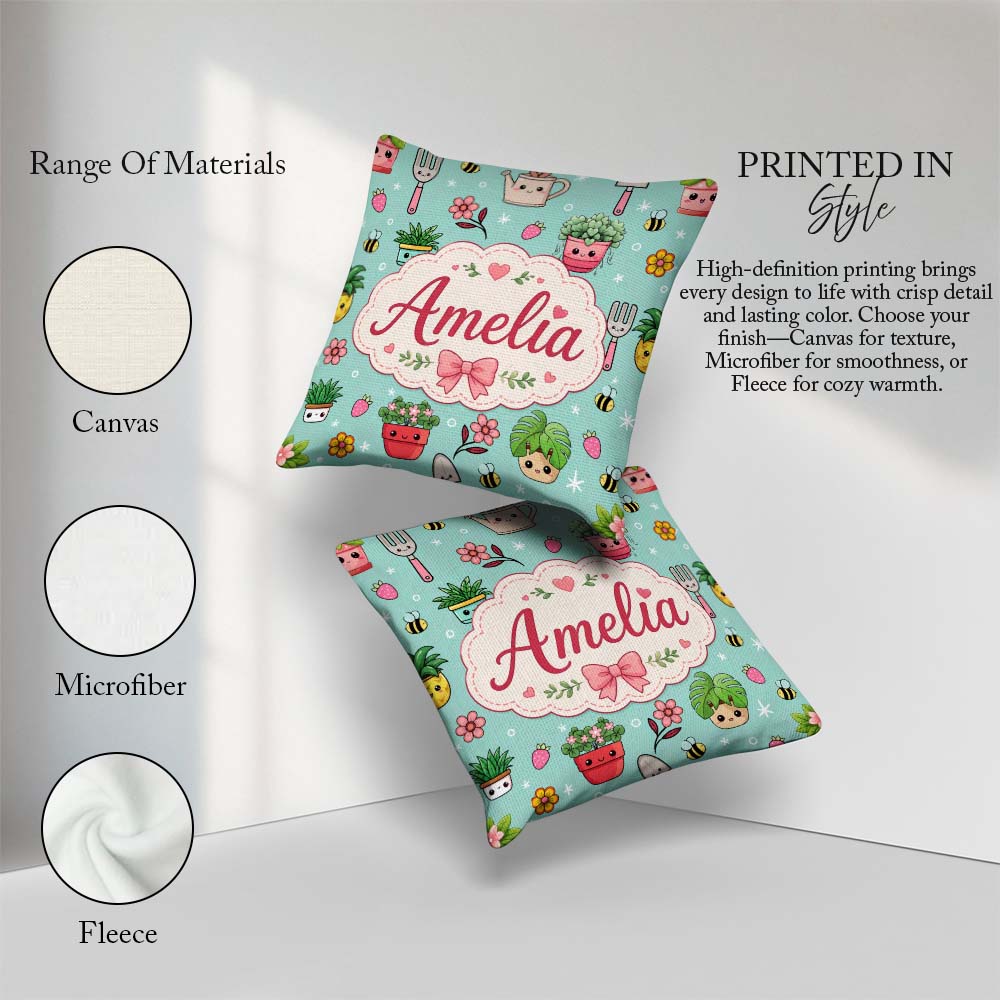 Custom Name Cute Kawaii Garden Tools Flowers Bees Mint Seamless Square Filled Cushion Throw Pillow Sofa Bed Home Decor Zip Washable UK Made