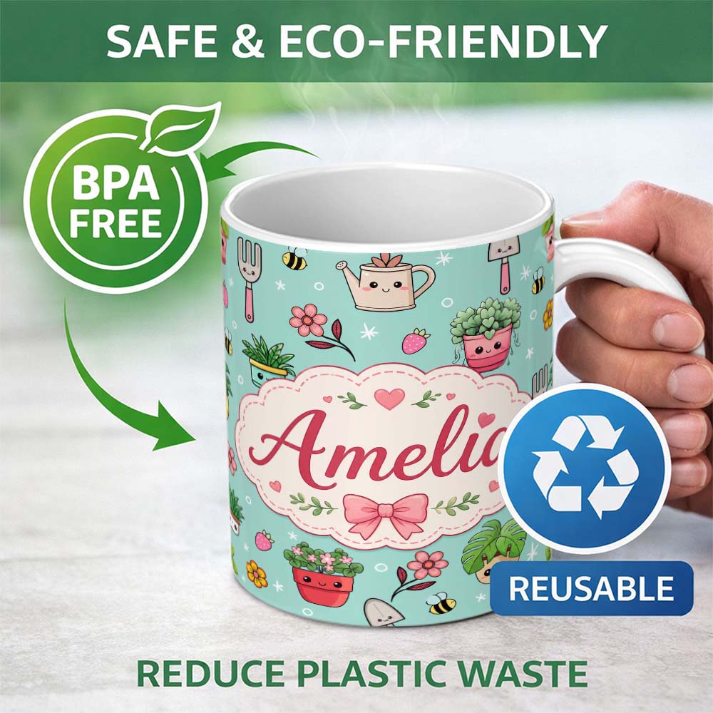 Personalized Custom Name Cute Kawaii Garden Tools Flowers Bees Mint Background Seamless 11oz Ceramic Coffee Tea Mug White Large Handle