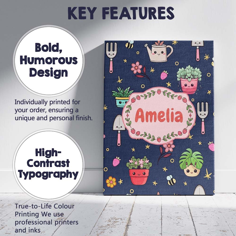 Personalised Name Cute Kawaii Garden Tools Custom Unique Gift Idea Elegant Feature Canvas Wall Art Print Decor Picture Ready to Hang