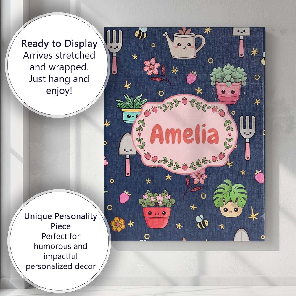 Personalised Name Cute Kawaii Garden Tools Custom Unique Gift Idea Elegant Feature Canvas Wall Art Print Decor Picture Ready to Hang