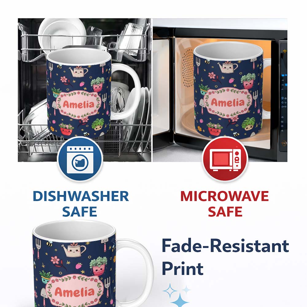 Personalized Custom Name Cute Kawaii Garden Tools Flowers Bees Navy Background Seamless 11oz Ceramic Coffee Tea Mug White Large Handle