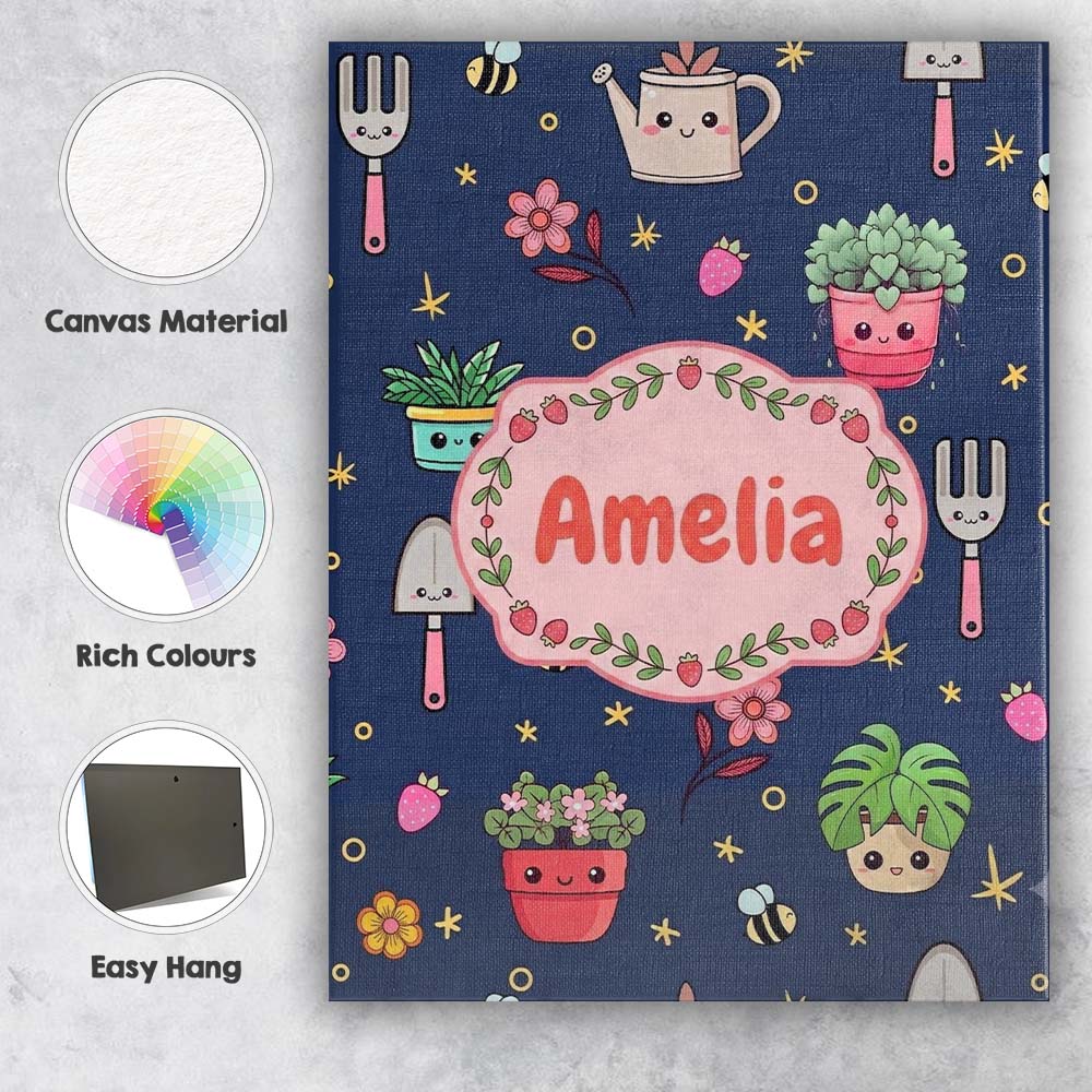 Personalised Name Cute Kawaii Garden Tools Custom Unique Gift Idea Elegant Feature Canvas Wall Art Print Decor Picture Ready to Hang