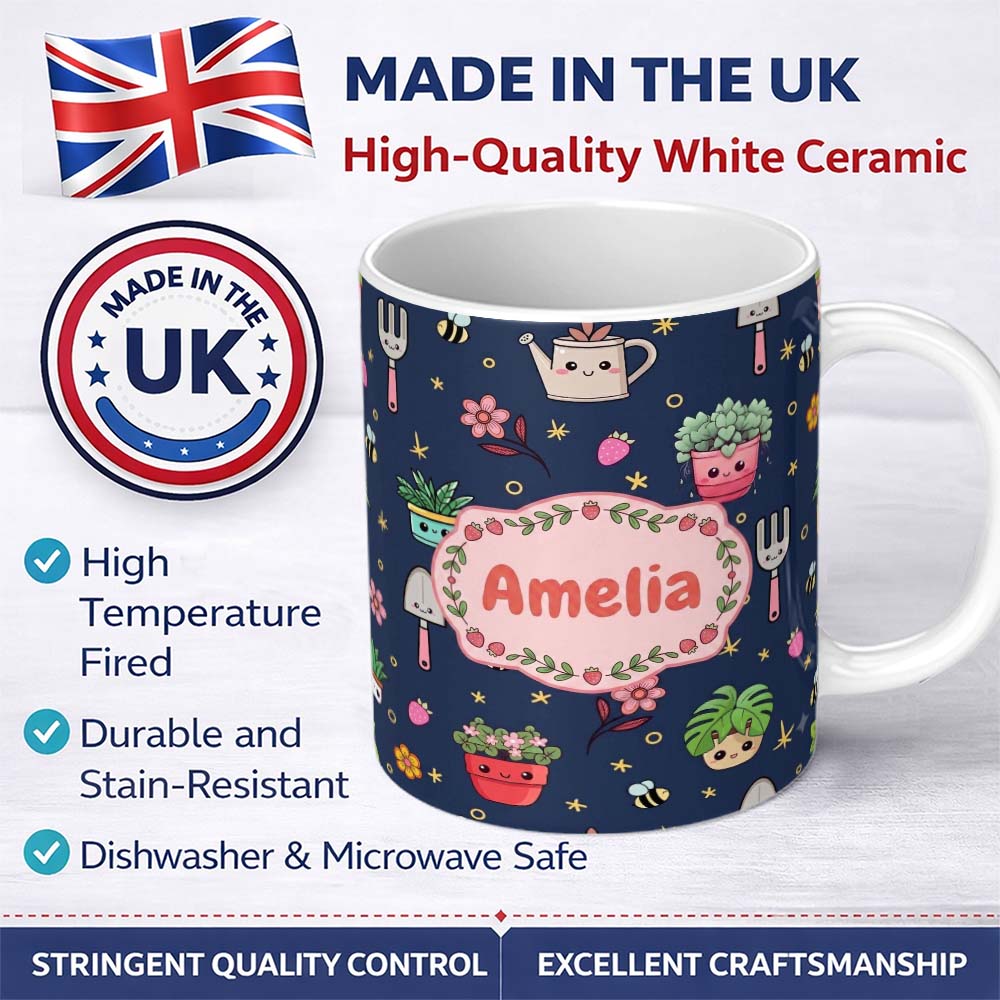 Personalized Custom Name Cute Kawaii Garden Tools Flowers Bees Navy Background Seamless 11oz Ceramic Coffee Tea Mug White Large Handle