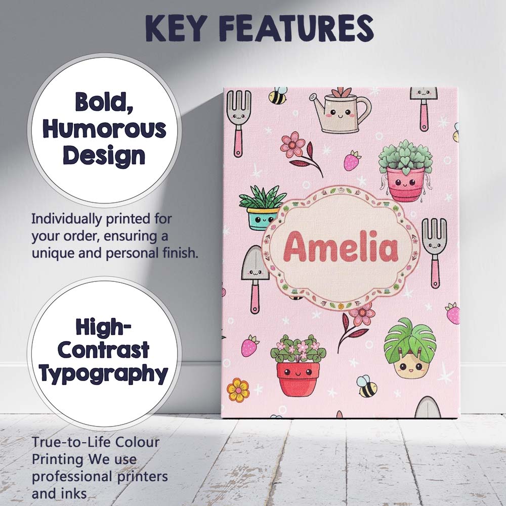 Personalised Name Cute Kawaii Garden Tools Custom Unique Gift Idea Elegant Feature Canvas Wall Art Print Decor Picture Ready to Hang