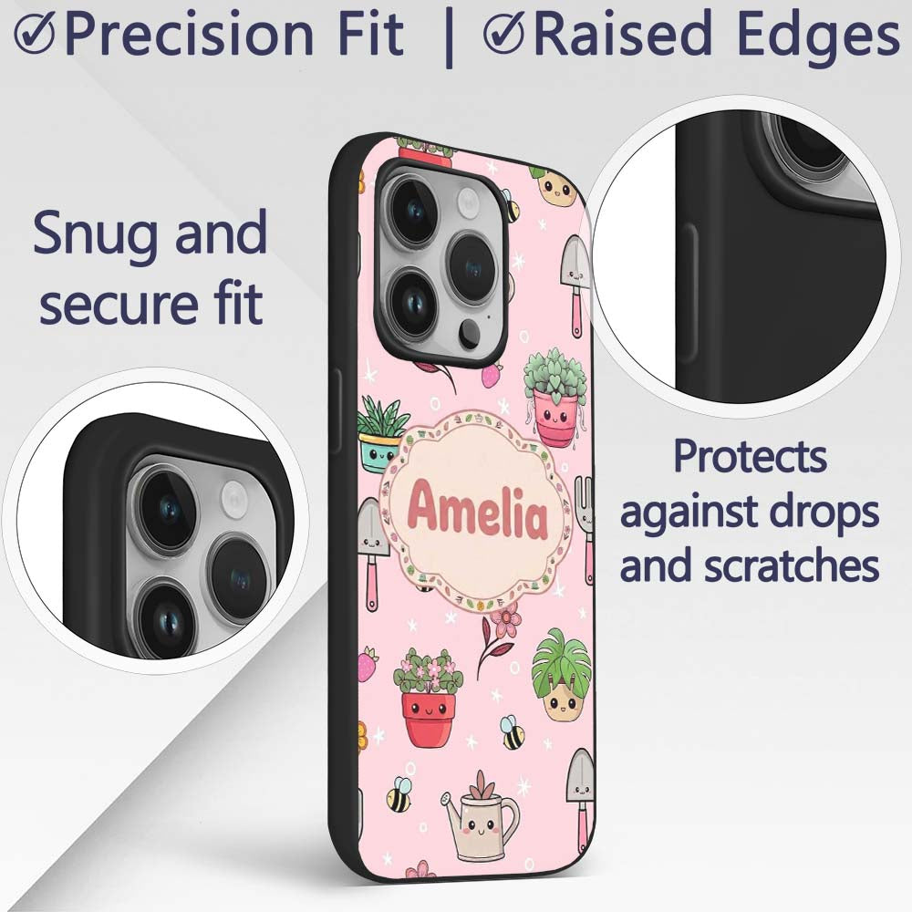 Cute Kawaii Garden Tools Flowers Bees Blush Pink Custom Name Protective Phone Case Mobile Cover Durable Everyday Smartphone Shock Resistant