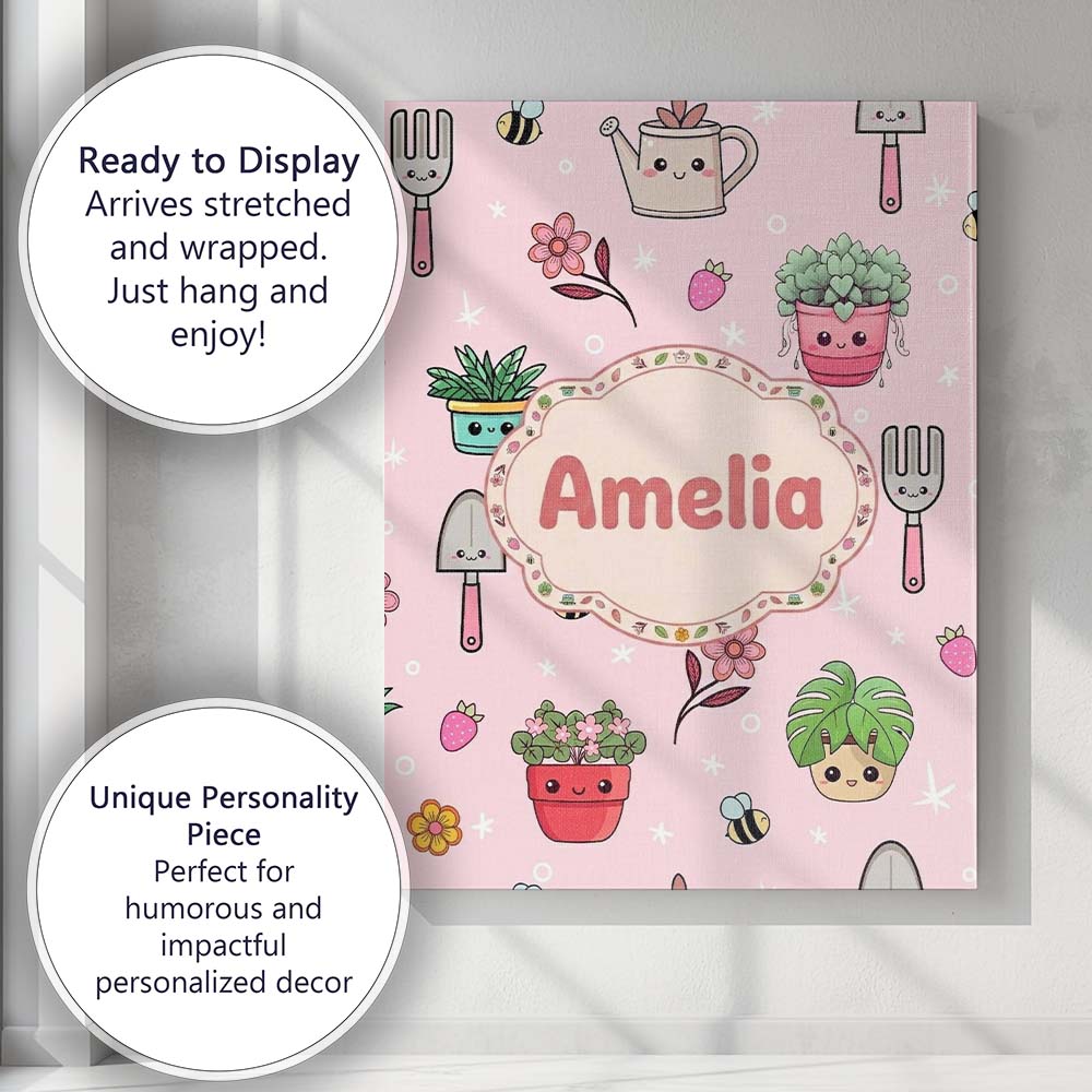 Personalised Name Cute Kawaii Garden Tools Custom Unique Gift Idea Elegant Feature Canvas Wall Art Print Decor Picture Ready to Hang