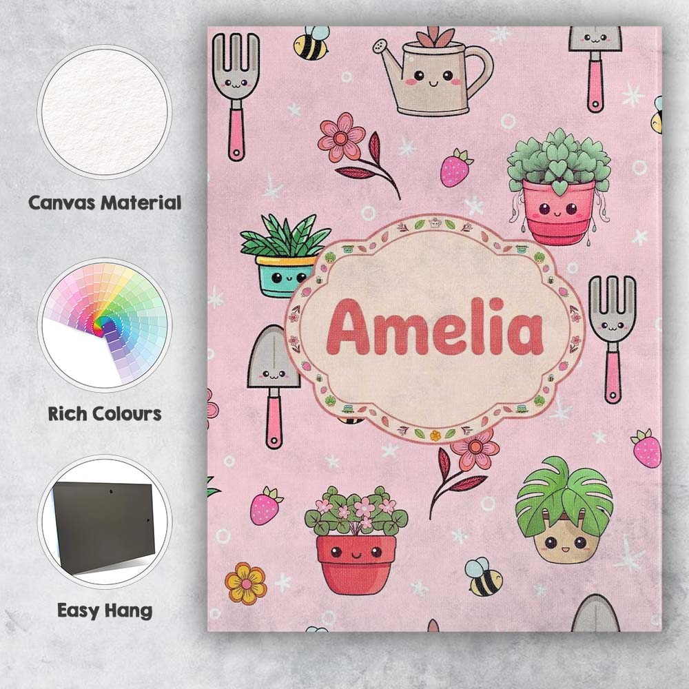 Personalised Name Cute Kawaii Garden Tools Custom Unique Gift Idea Elegant Feature Canvas Wall Art Print Decor Picture Ready to Hang