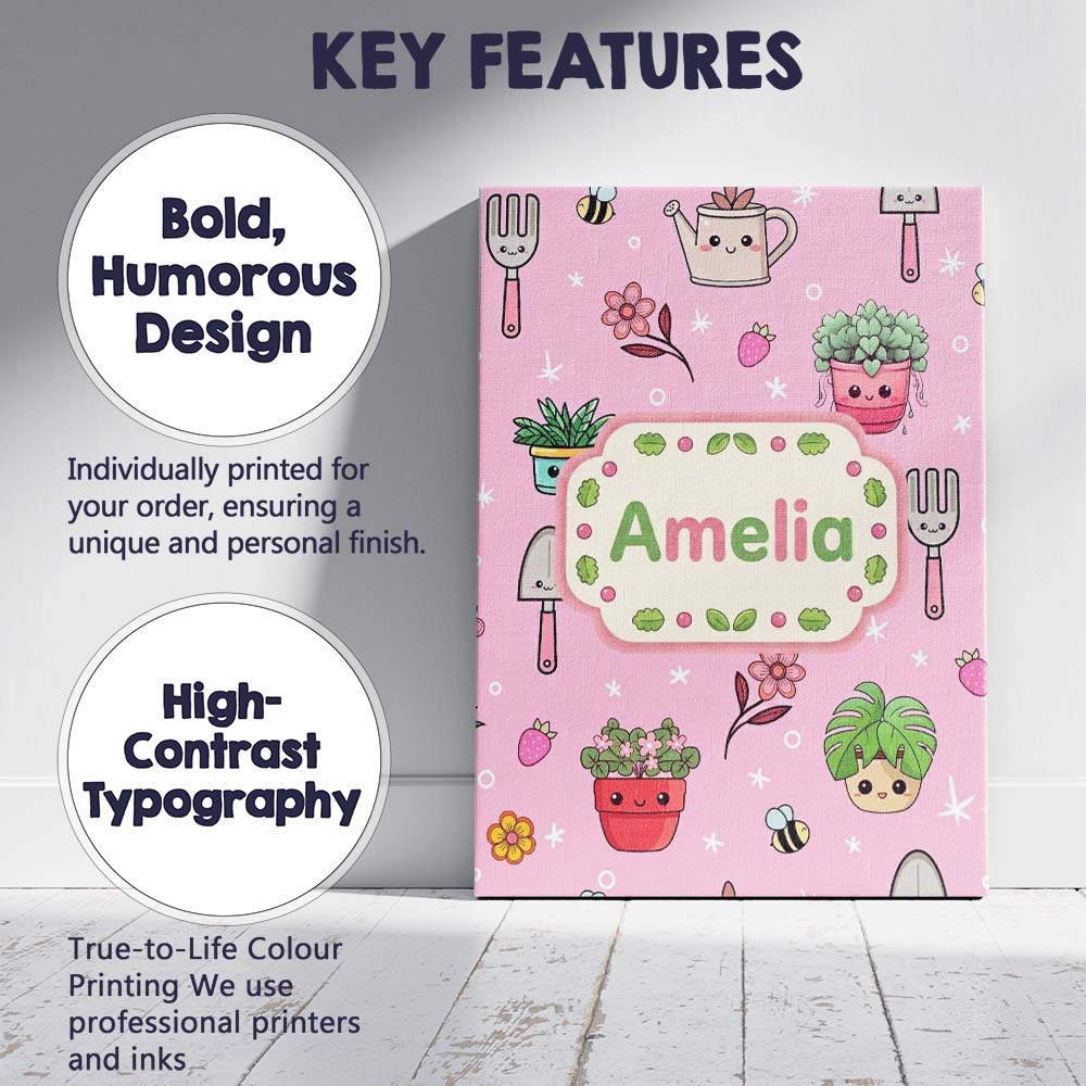 Personalised Name Cute Kawaii Garden Tools Custom Unique Gift Idea Elegant Feature Canvas Wall Art Print Decor Picture Ready to Hang
