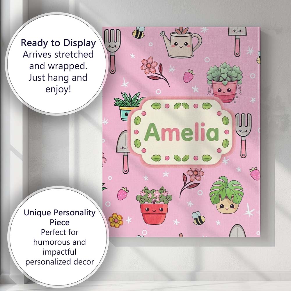 Personalised Name Cute Kawaii Garden Tools Custom Unique Gift Idea Elegant Feature Canvas Wall Art Print Decor Picture Ready to Hang