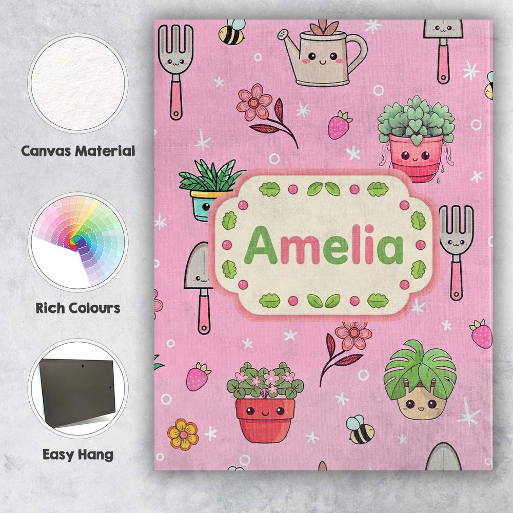 Personalised Name Cute Kawaii Garden Tools Custom Unique Gift Idea Elegant Feature Canvas Wall Art Print Decor Picture Ready to Hang