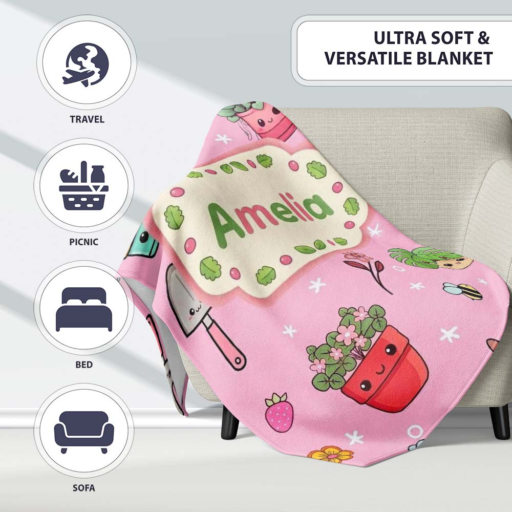 Cute Kawaii Garden Tools Flowers Bees Soft Pink Background Seamless Personalised Custom Name Super Soft Fleece Blanket Bed Sofa Throw
