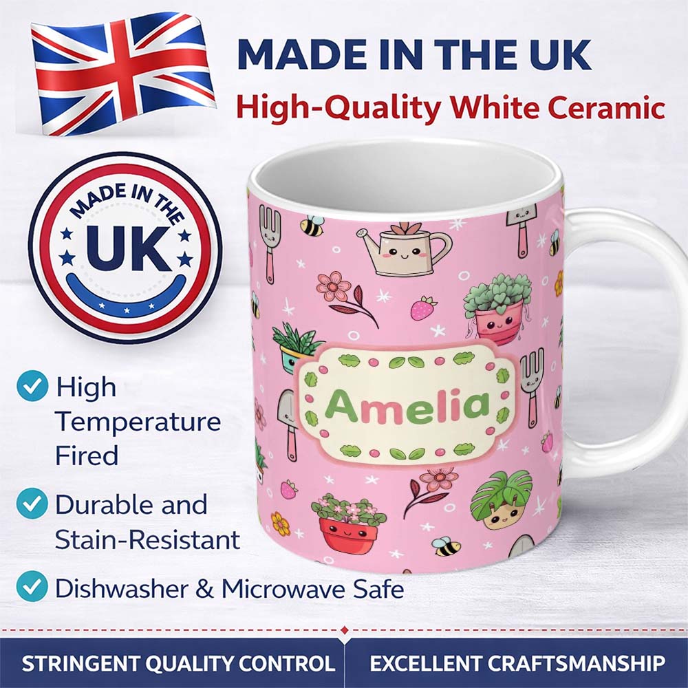 Personalized Custom Name Cute Kawaii Garden Tools Flowers Bees Soft Pink Background Seamless 11oz Ceramic Coffee Tea Mug White Large Handle