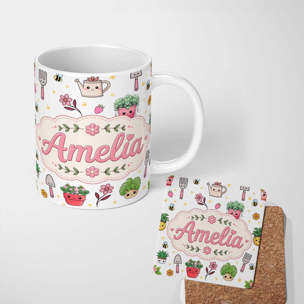 Personalized Custom Name Cute Kawaii Garden Tools Flowers Bees Grey Background Seamless 11oz Ceramic Coffee Tea Mug White Large Handle