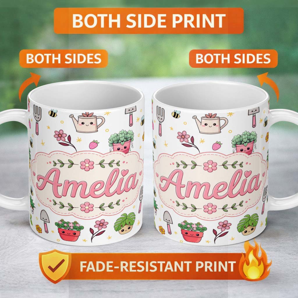 Personalized Custom Name Cute Kawaii Garden Tools Flowers Bees Grey Background Seamless 11oz Ceramic Coffee Tea Mug White Large Handle