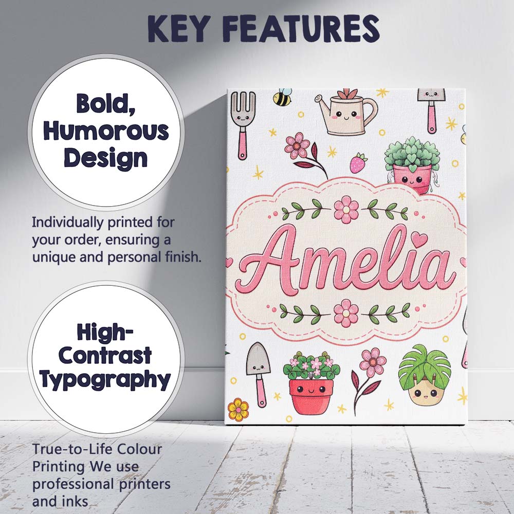 Personalised Name Cute Kawaii Garden Tools Custom Unique Gift Idea Elegant Feature Canvas Wall Art Print Decor Picture Ready to Hang