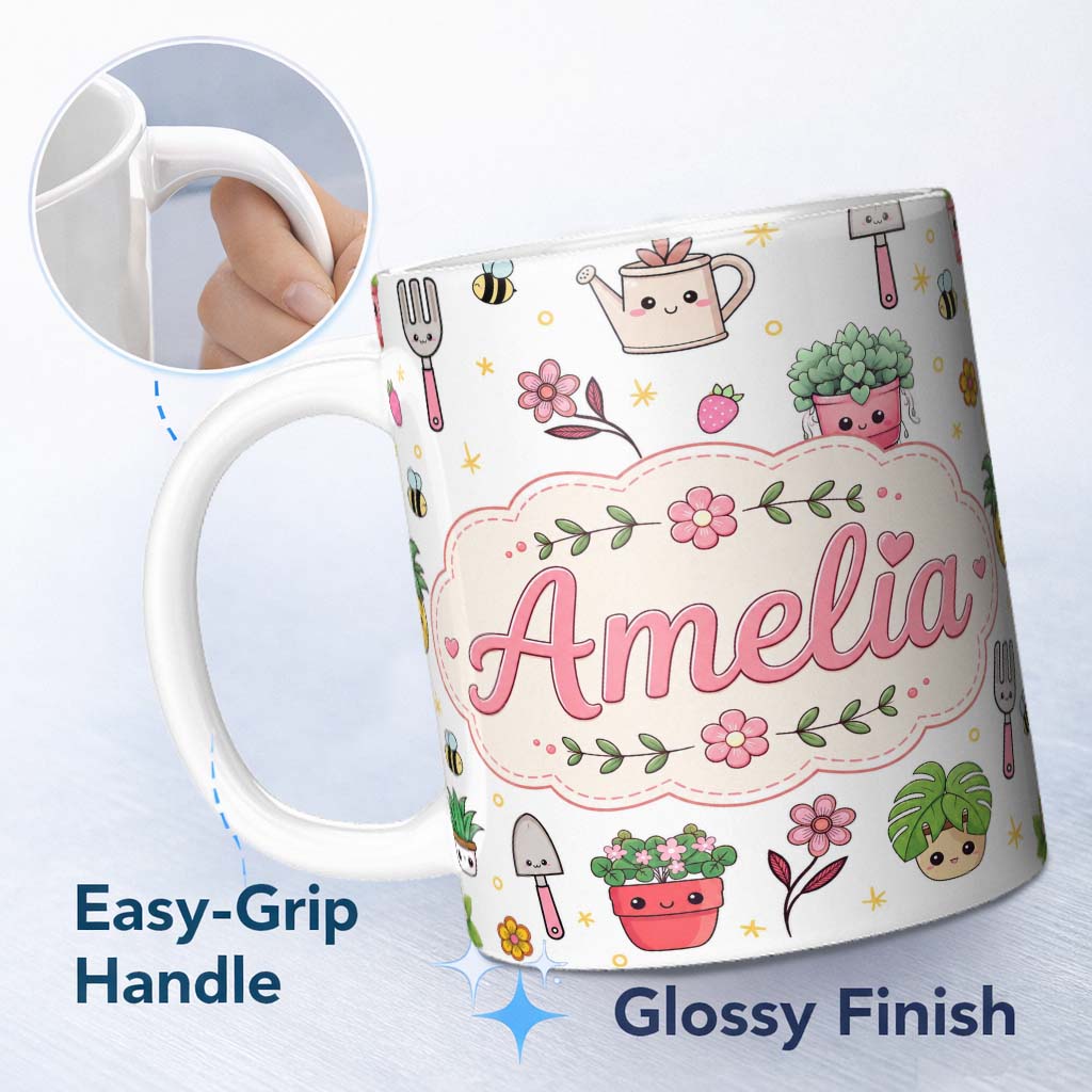 Personalized Custom Name Cute Kawaii Garden Tools Flowers Bees Grey Background Seamless 11oz Ceramic Coffee Tea Mug White Large Handle