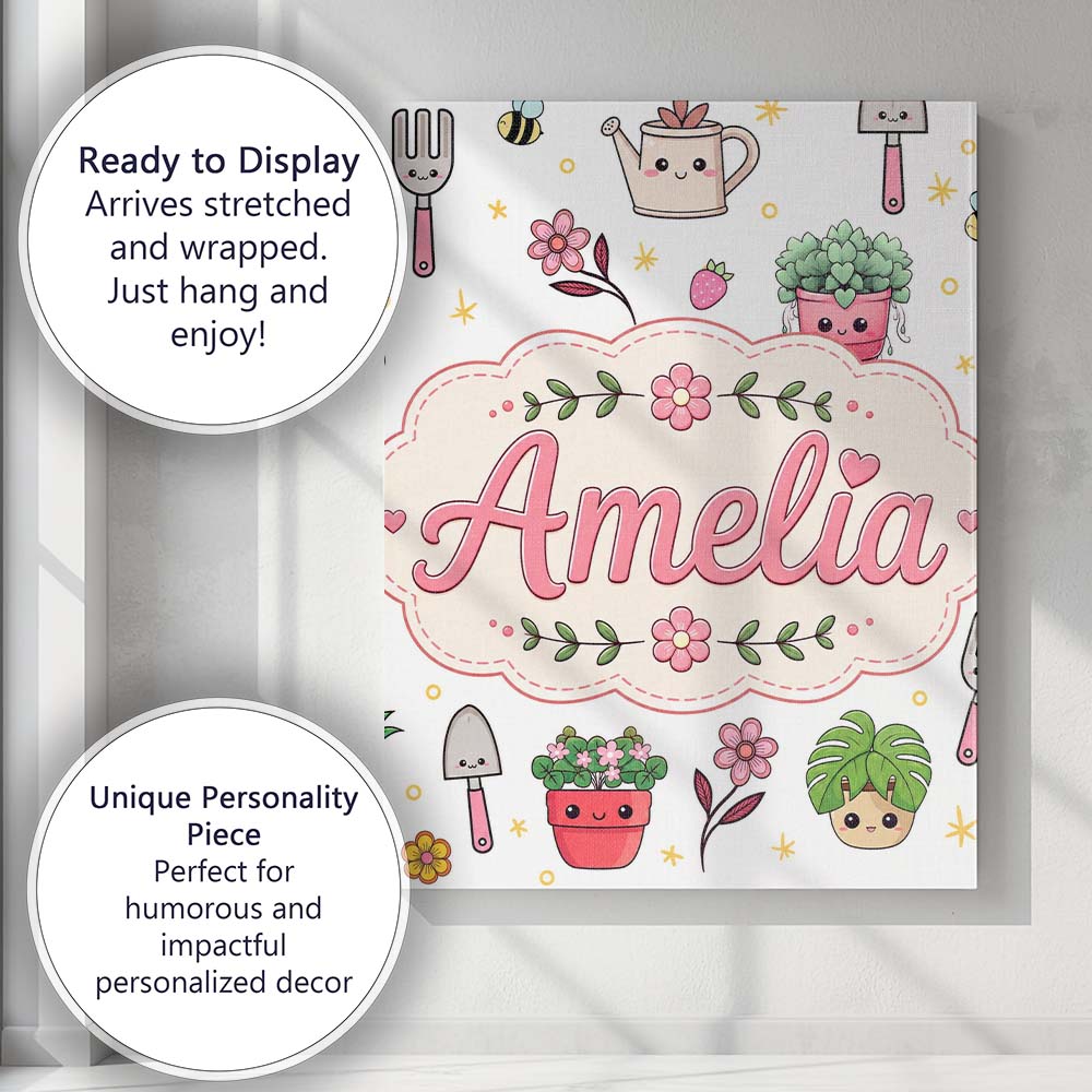 Personalised Name Cute Kawaii Garden Tools Custom Unique Gift Idea Elegant Feature Canvas Wall Art Print Decor Picture Ready to Hang