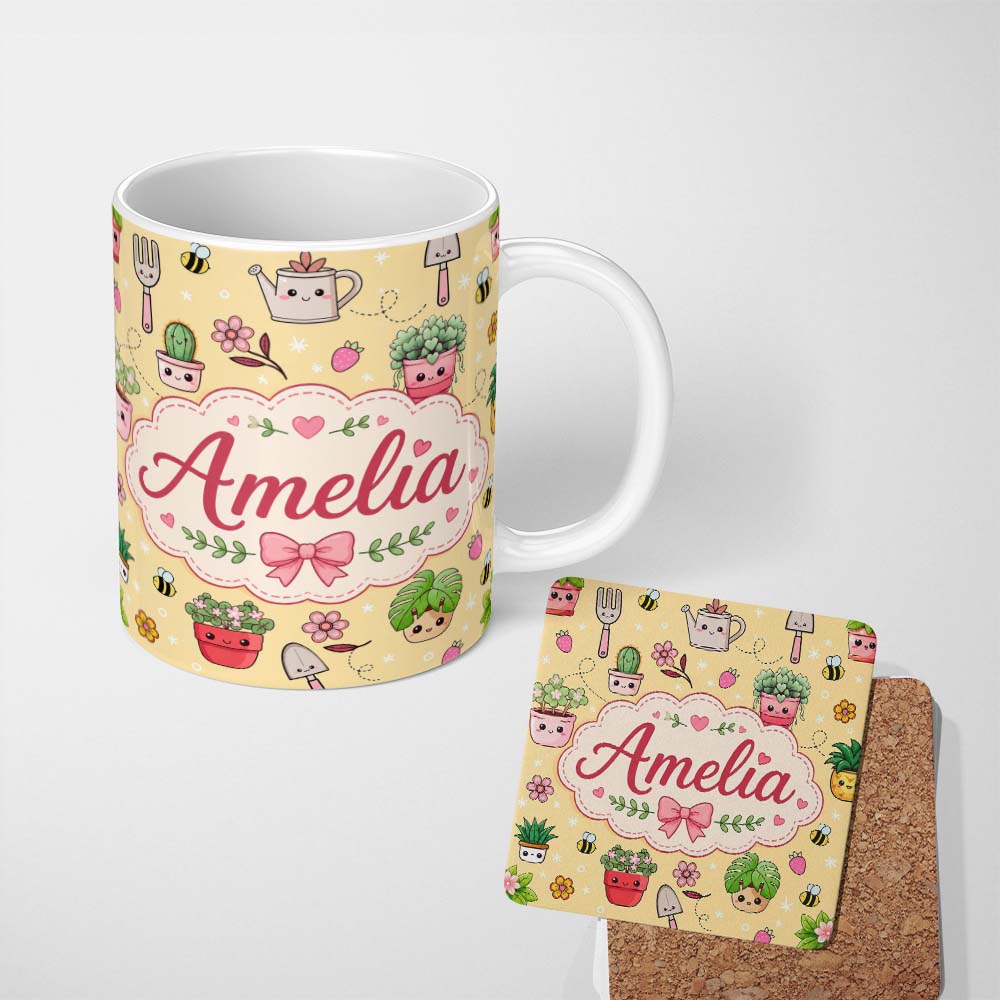 Personalized Custom Name Cute Kawaii Garden Tools Plants Bees Yellow Background Seamless 11oz Ceramic Coffee Tea Mug White Large Handle